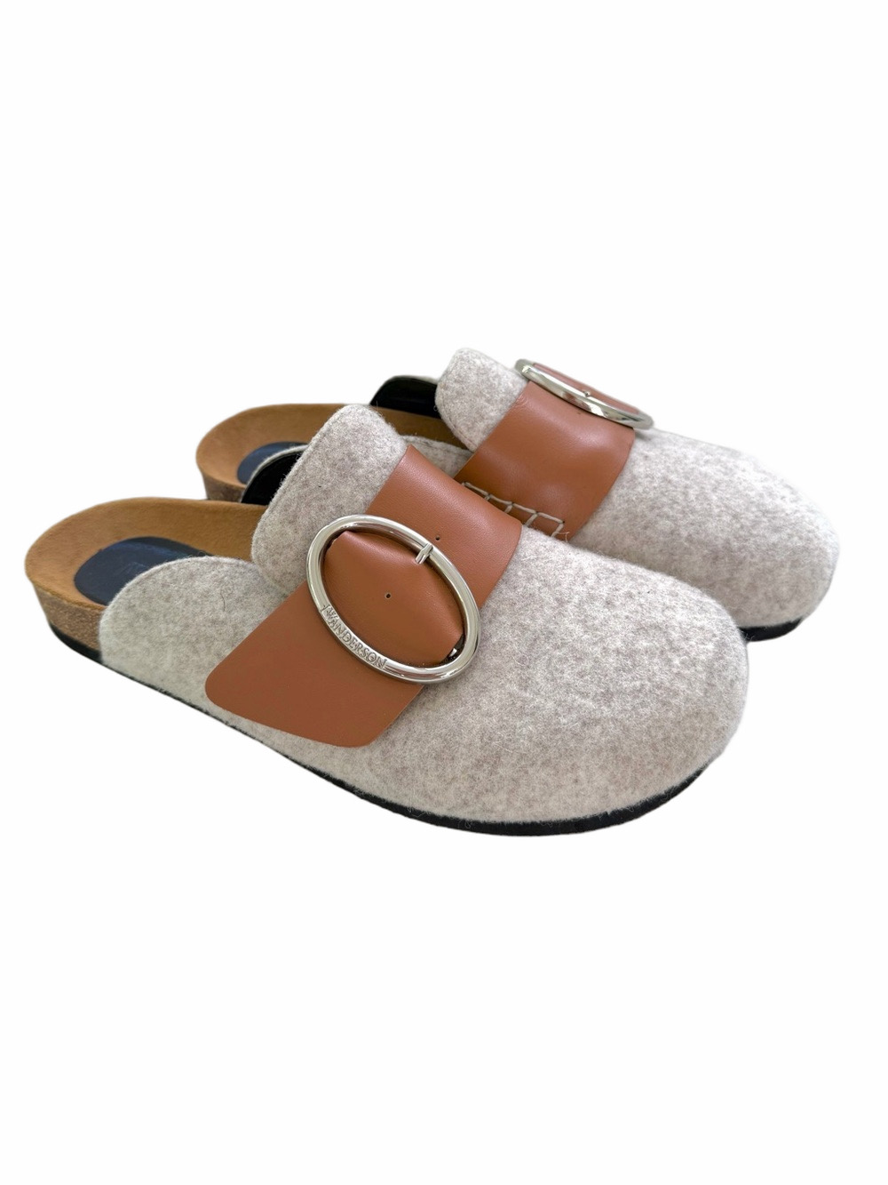 JW Anderson Low Felt Wool Beige-Gray Clogs Mules Silver Buckle Sz 10 NEW